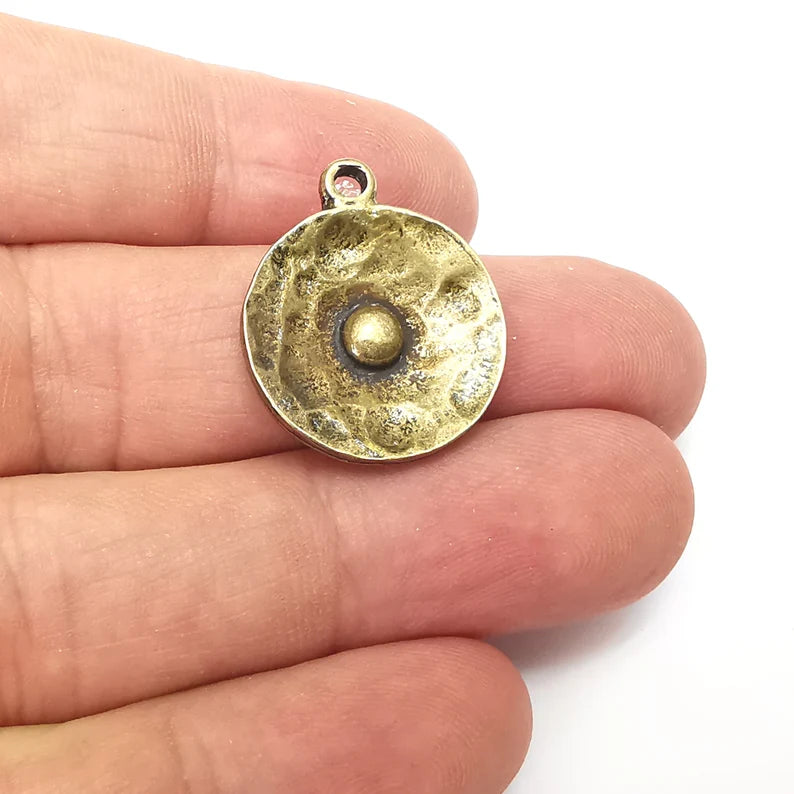 2 Bronze Hammered Disc Charms, Jewelry Parts, Bronze Bracelet Component, Antique Bronze Finding, Antique Bronze Plated Metal (25x21mm) G35964