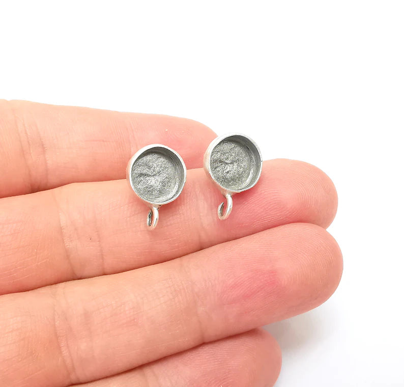 Earring Stud Base Blank with Loop, Earring Post, Ear Setting Resin Bezel, Cabochon Mounting, Antique Silver Plated Brass (10mm blank) G35968