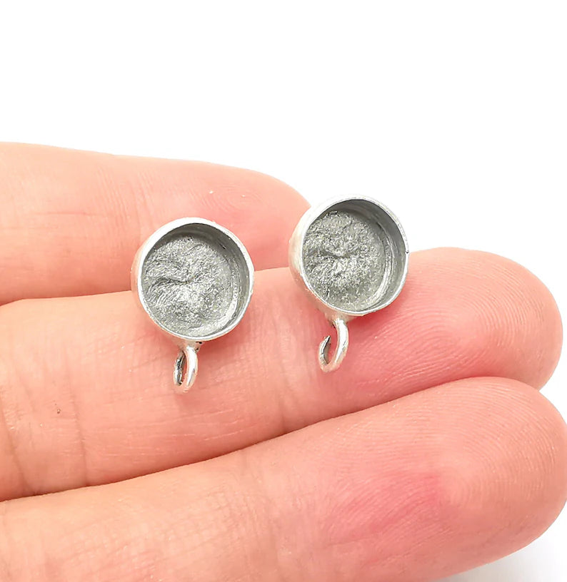 Earring Stud Base Blank with Loop, Earring Post, Ear Setting Resin Bezel, Cabochon Mounting, Antique Silver Plated Brass (10mm blank) G35968