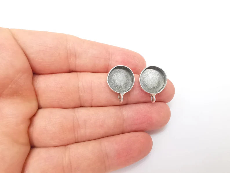 Earring Stud Base Blank with Loop, Earring Post, Ear Setting Resin Bezel, Cabochon Mounting, Antique Silver Plated Brass (14mm blank) G35973
