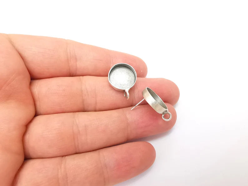 Earring Stud Base Blank with Loop, Earring Post, Ear Setting Resin Bezel, Cabochon Mounting, Antique Silver Plated Brass (14mm blank) G35973