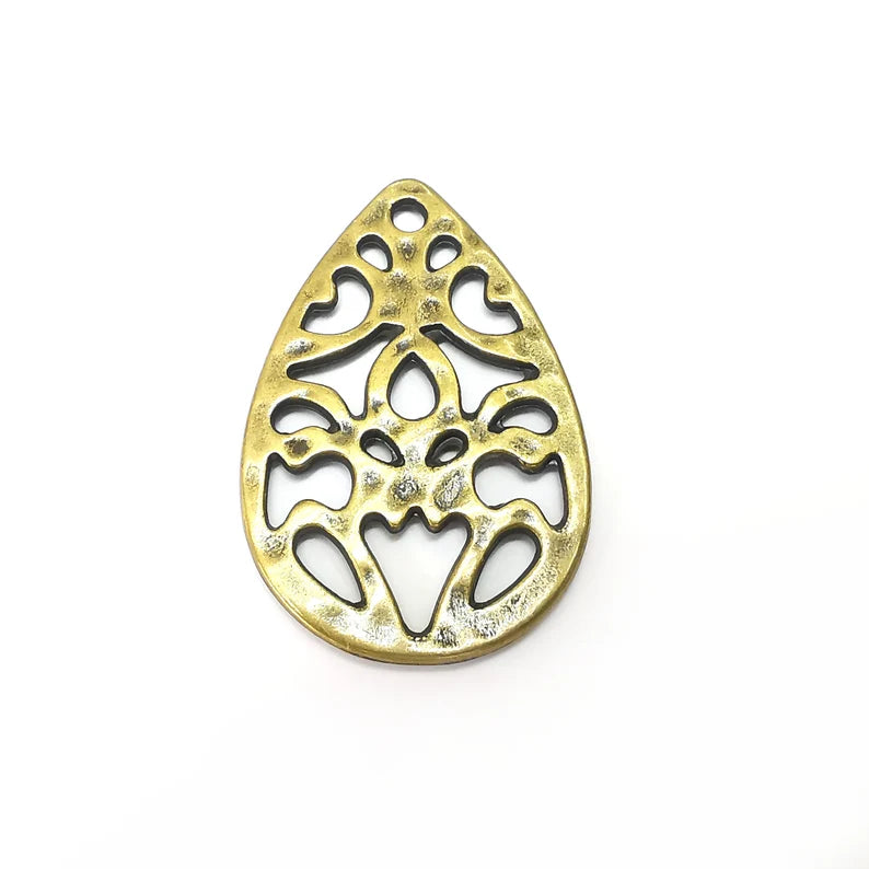 Drop Filigree Charms, Hammered Charms, Hollow Charms, Bronze Charms , Necklace Parts, Antique Bronze Plated Charms 50x33mm G36084