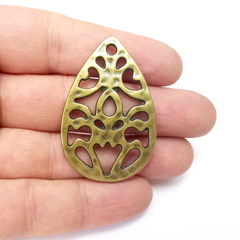 Drop Filigree Charms, Hammered Charms, Hollow Charms, Bronze Charms , Necklace Parts, Antique Bronze Plated Charms 50x33mm G36084