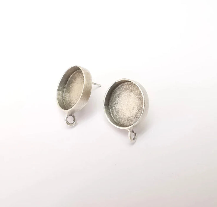 Earring Stud Base Blank with Loop, Earring Post, Ear Setting Resin Bezel, Cabochon Mounting, Antique Silver Plated Brass (16mm blank) G35976