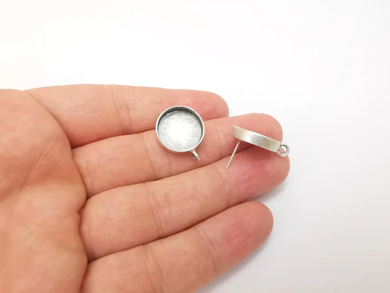 Earring Stud Base Blank with Loop, Earring Post, Ear Setting Resin Bezel, Cabochon Mounting, Antique Silver Plated Brass (16mm blank) G35976