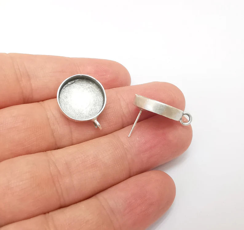 Earring Stud Base Blank with Loop, Earring Post, Ear Setting Resin Bezel, Cabochon Mounting, Antique Silver Plated Brass (16mm blank) G35976
