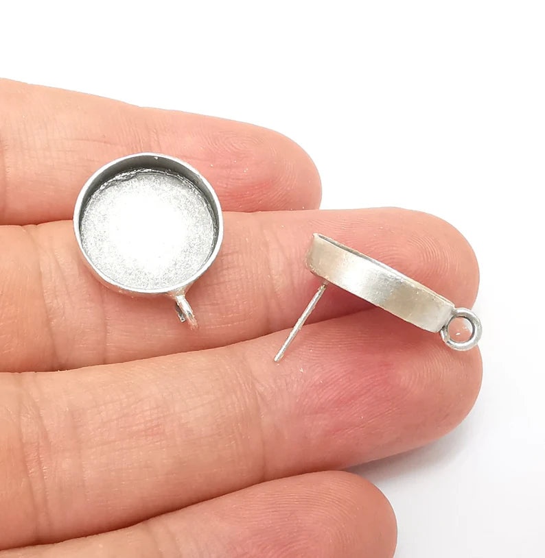 Earring Stud Base Blank with Loop, Earring Post, Ear Setting Resin Bezel, Cabochon Mounting, Antique Silver Plated Brass (16mm blank) G35976