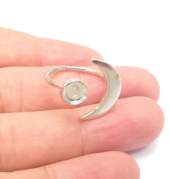 Shiny Silver Crescent Ring Setting, Cabochon Blank, Resin Bezel Mounting, Epoxy Frame Base, Adjustable Rhodium Plated Brass 6mm G36004