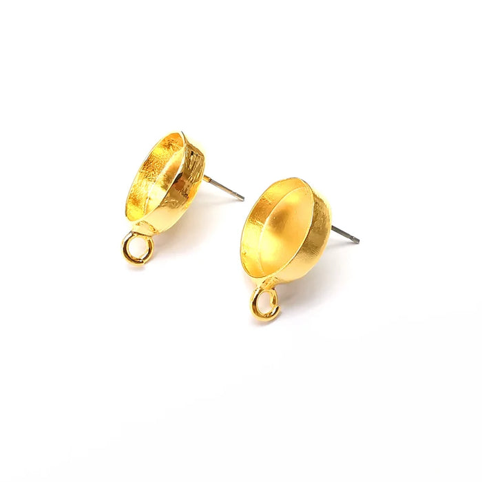 Earring Stud Base Blank with Loop, Earring Post, Ear Setting Resin Bezel, Cabochon Mounting, Shiny Gold Plated Brass (14mm blank) G36108