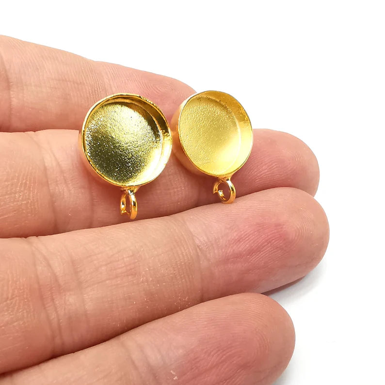 Earring Stud Base Blank with Loop, Earring Post, Ear Setting Resin Bezel, Cabochon Mounting, Shiny Gold Plated Brass (14mm blank) G36108