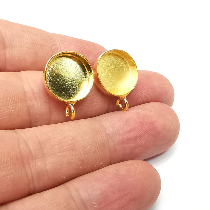 Earring Stud Base Blank with Loop, Earring Post, Ear Setting Resin Bezel, Cabochon Mounting, Shiny Gold Plated Brass (14mm blank) G36108