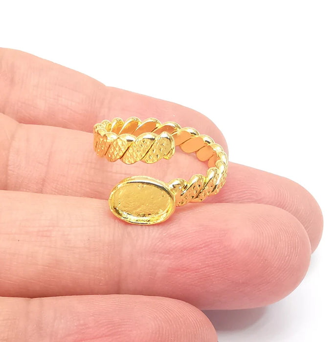 Twisted Ring Setting, Cabochon Blank, Resin Bezel, Ring Mounting, Epoxy Frame Base, Adjustable Shiny Gold Plated Brass 8x6mm G36007