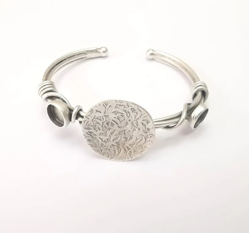 Wire Wrapped Bracelet Bezel, Wrap Cuff Resin Blank, Wristband Base, Cabochon Mountings, Adjustable Antique Silver Plated Brass (8mm) G36008