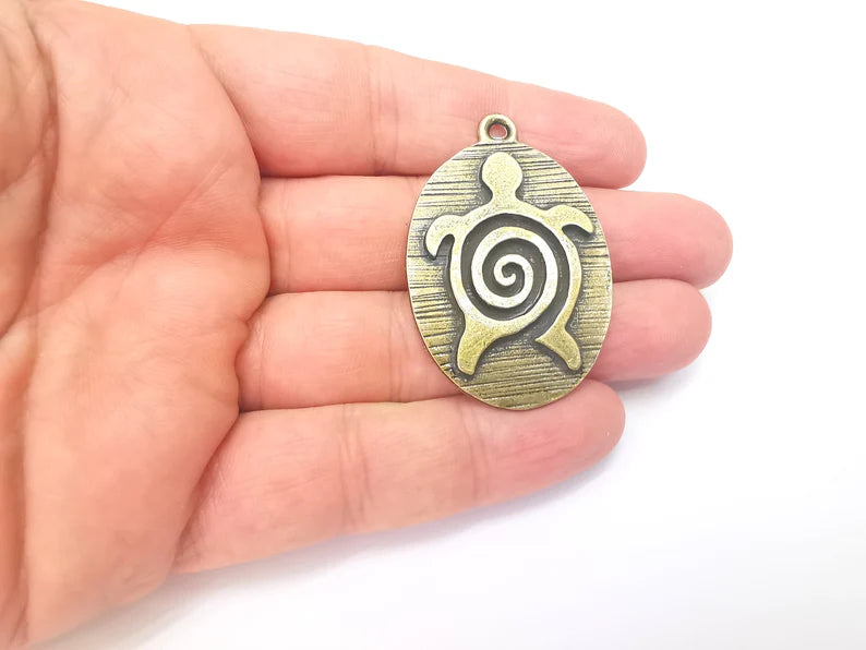 Bronze Sea Turtle Pendant, Oval Pendant, Medallion Pendant, Bronze Locket Pendant, Necklace Parts, Antique Bronze Plated 48x33mm G36013
