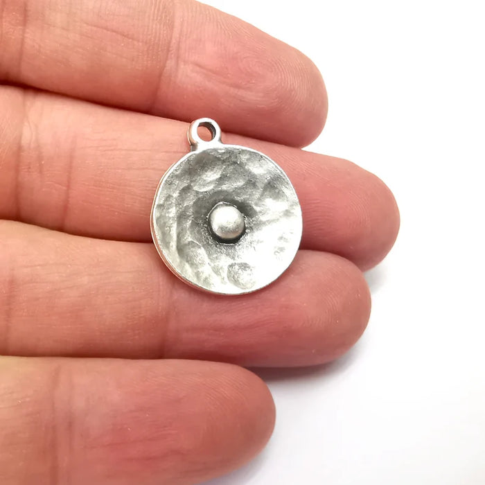 2 Silver Hammered Disc Charms, Jewelry Parts, Silver Bracelet Component, Antique Silver Finding, Antique Silver Plated Metal (25x21mm) G36015