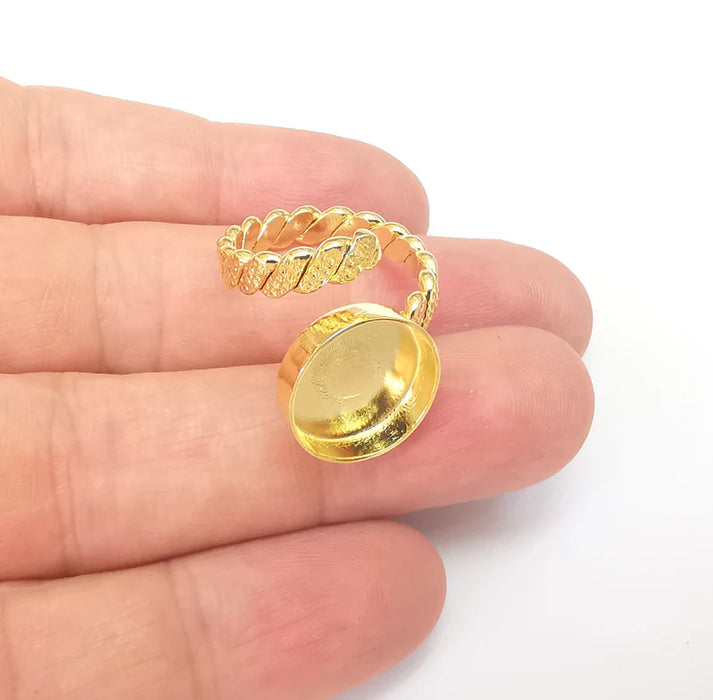 Twisted Ring Setting, Cabochon Blank, Resin Bezel, Ring Mounting, Epoxy Frame Base, Adjustable Shiny Gold Plated Brass 14mm G36022