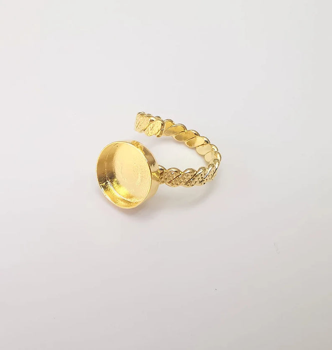 Twisted Ring Setting, Cabochon Blank, Resin Bezel, Ring Mounting, Epoxy Frame Base, Adjustable Shiny Gold Plated Brass 14mm G36022