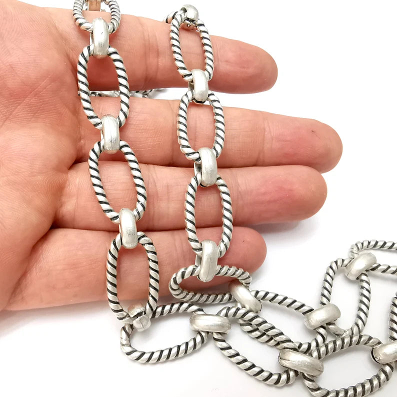 Antique Silver Twisted Oval Cable Chain (25x14mm), 1 Meter - 3.3 Feet Antique Silver Plated Chain G36031