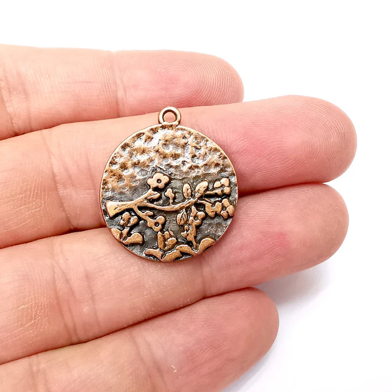 Branch Round Charms, Boho Charms, Dangle Charm, DIY Charms, Earring Charm, Hammered Necklace Parts, Antique Copper Plated 28x25mm G36112