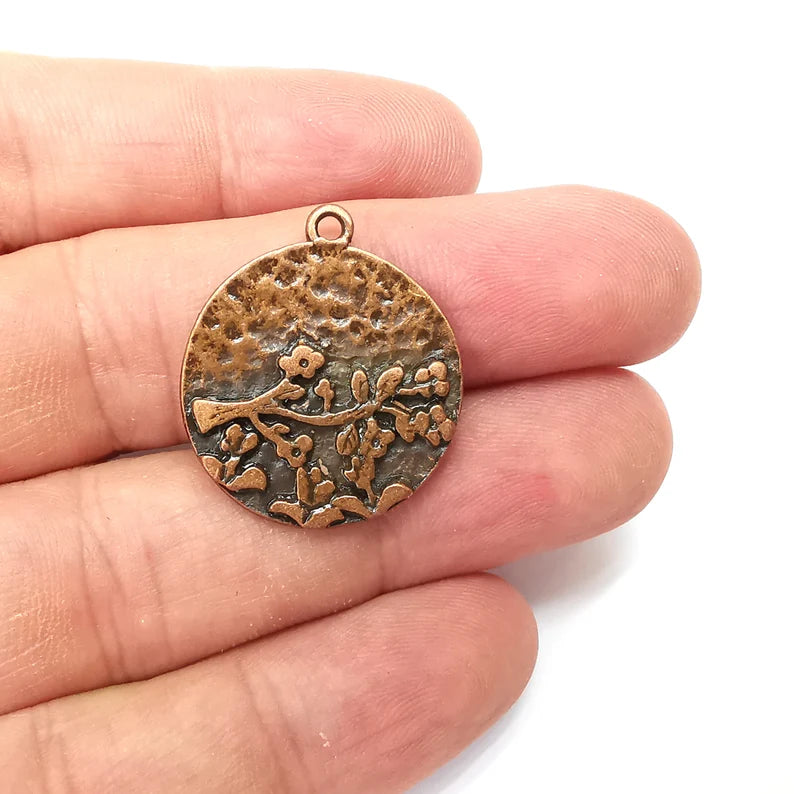 Branch Round Charms, Boho Charms, Dangle Charm, DIY Charms, Earring Charm, Hammered Necklace Parts, Antique Copper Plated 28x25mm G36112