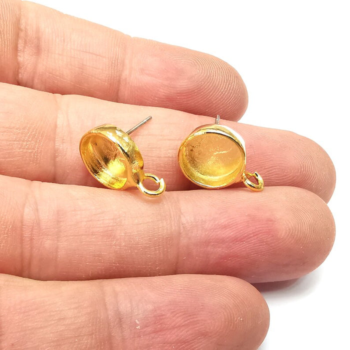 Earring Stud Base Blank with Loop, Earring Post, Ear Setting Resin Bezel, Cabochon Mounting, Shiny Gold Plated Brass (10mm blank) G36123