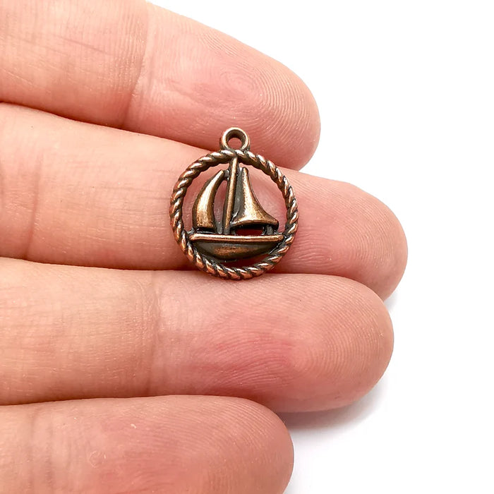 5 Sailing Ship Charms, Small Charms, Earring Charms, Copper Pendant, Necklace Pendant, Antique Copper Plated Metal 19x16mm G36131