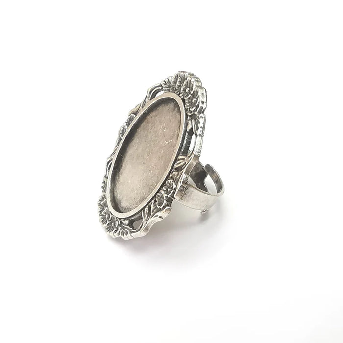 Silver Ring Setting, Cabochon Blank, Resin Bezel, Round Ring Mounting, Epoxy Frame Base, Adjustable Antique Silver Plated 25x18mm G36040