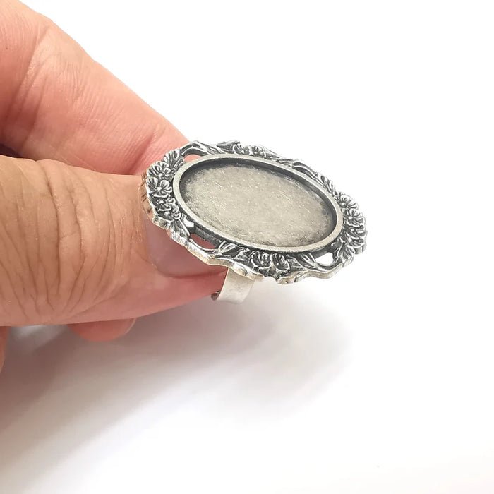 Silver Ring Setting, Cabochon Blank, Resin Bezel, Round Ring Mounting, Epoxy Frame Base, Adjustable Antique Silver Plated 25x18mm G36040