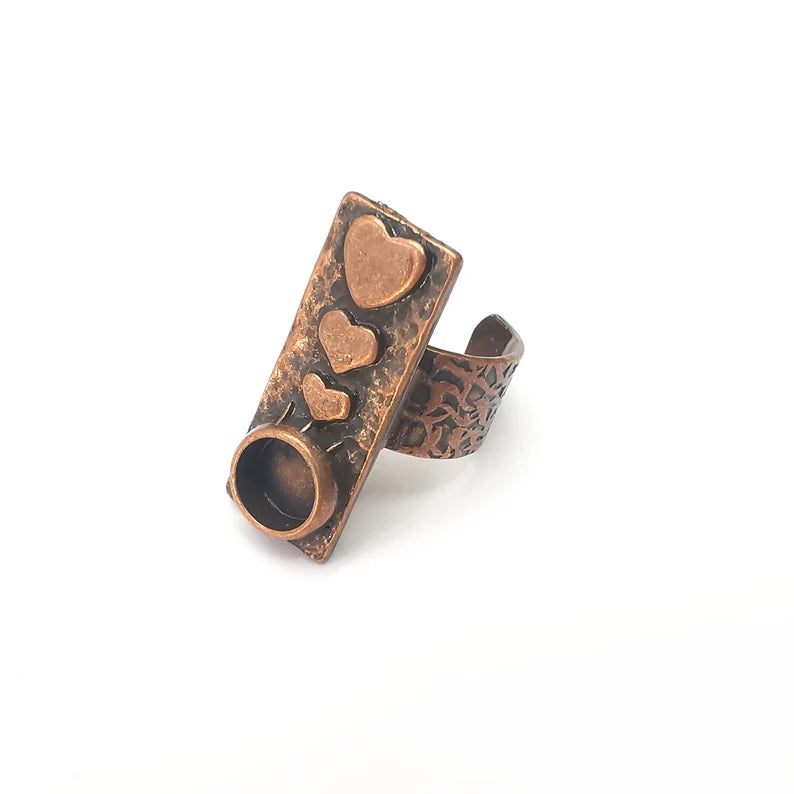 Copper Heart Ring Setting, Cabochon Blank, Resin Bezel, Round Ring Mounting, Epoxy Frame Base, Adjustable Antique Copper Plated 8mm G36044