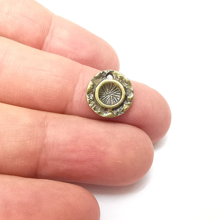 5 Bronze Charms, Disc Charms, Ethnic Earring Charms, Bronze Rustic Pendant, Necklace Parts, Antique Bronze Plated 13mm (5mm) G36057
