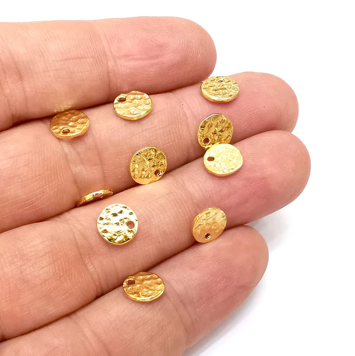 10 Hammered Small Disc Charms, (Double Sided), Gold Plated Charms (8mm) G36064