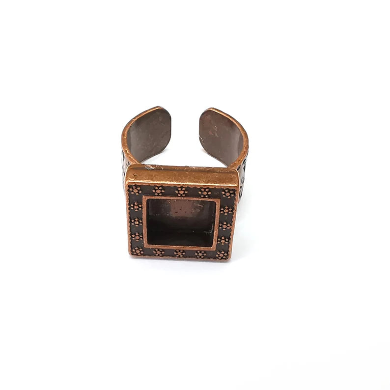 Copper Ring Setting, Cabochon Blank, Resin Bezel, Square Ring Mounting, Epoxy Frame Base, Adjustable Antique Copper Plated 10mm G36070