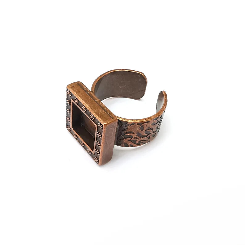Copper Ring Setting, Cabochon Blank, Resin Bezel, Square Ring Mounting, Epoxy Frame Base, Adjustable Antique Copper Plated 10mm G36070