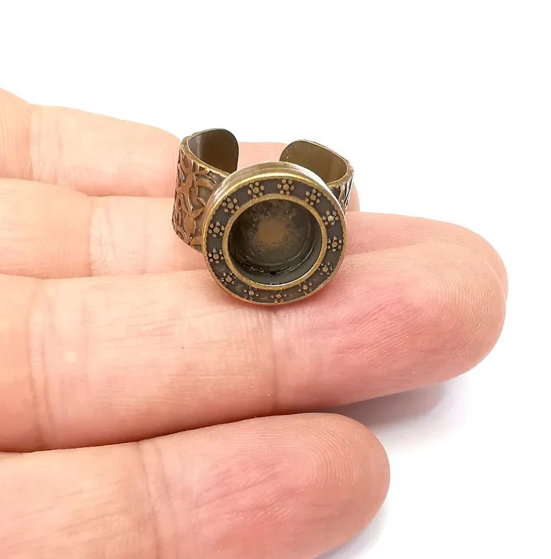 Bronze Ring Setting, Cabochon Blank, Resin Bezel, Round Ring Mounting, Epoxy Frame Base, Adjustable Antique Bronze Plated 10mm G36073
