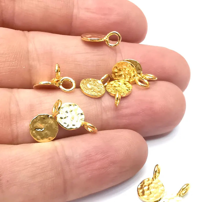 10 Hammered Small Disc Charms, (Double Sided), Gold Plated Brass (13x8mm) G36075