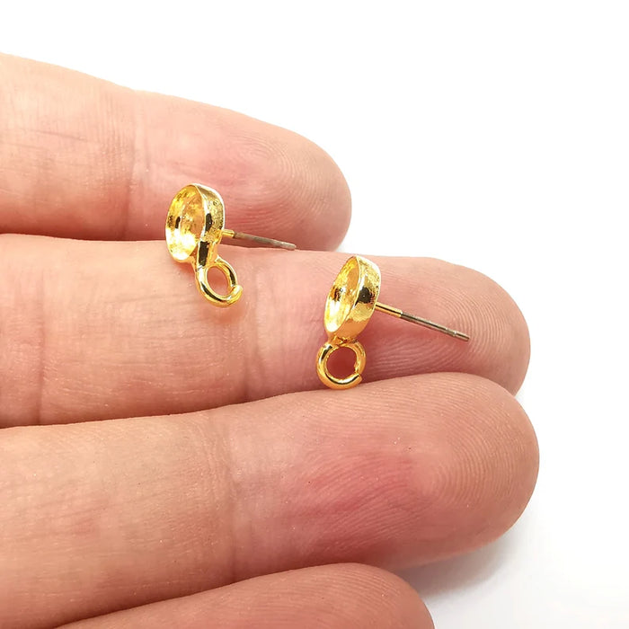 Earring Stud Base Blank with Loop, Earring Post, Ear Setting Resin Bezel, Cabochon Mounting, Shiny Gold Plated Brass (6mm blank) G36140