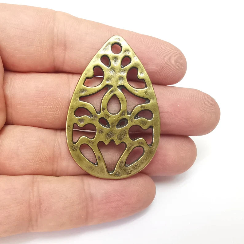Drop Filigree Charms, Hammered Charms, Hollow Charms, Bronze Charms , Necklace Parts, Antique Bronze Plated Charms 50x33mm G36084