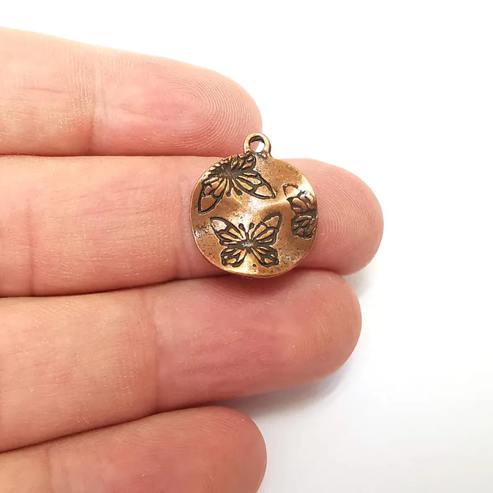 5 Butterfly Disc Charms, Wavy Charms, Dangle Charm, DIY Charms, Earring Charm, Round Necklace Parts, Antique Copper Plated 21x17mm G36163