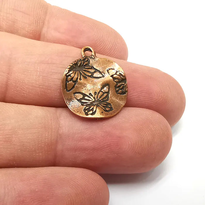 5 Butterfly Disc Charms, Wavy Charms, Dangle Charm, DIY Charms, Earring Charm, Round Necklace Parts, Antique Copper Plated 21x17mm G36163