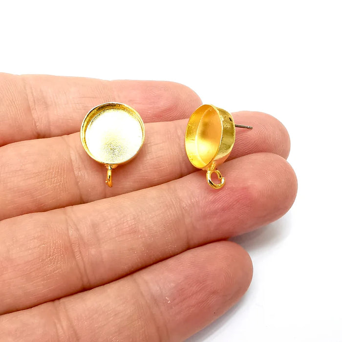 Earring Stud Base Blank with Loop, Earring Post, Ear Setting Resin Bezel, Cabochon Mounting, Shiny Gold Plated Brass (14mm blank) G36108