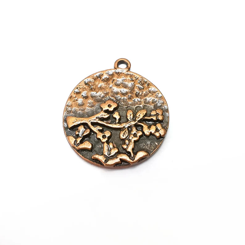 Branch Round Charms, Boho Charms, Dangle Charm, DIY Charms, Earring Charm, Hammered Necklace Parts, Antique Copper Plated 28x25mm G36112