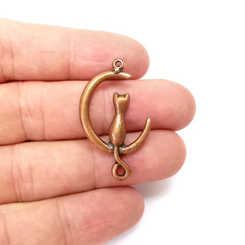 5 Cat Crescent Charms, Boho Charms, Dangle Charm, DIY , Earring Charm, Connector, Necklace Parts, Antique Copper Plated 37x22mm G36114