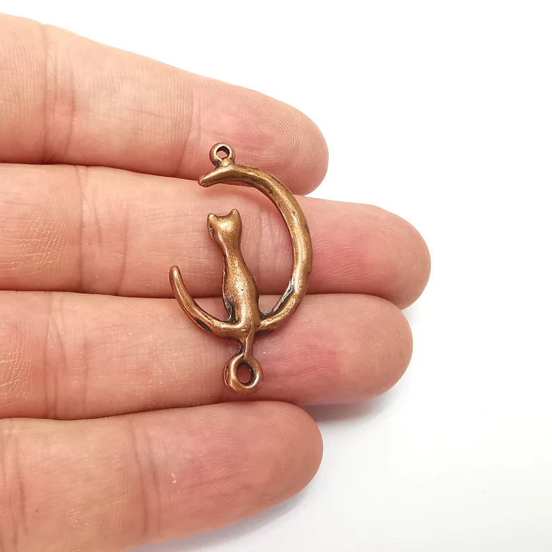 5 Cat Crescent Charms, Boho Charms, Dangle Charm, DIY , Earring Charm, Connector, Necklace Parts, Antique Copper Plated 37x22mm G36114