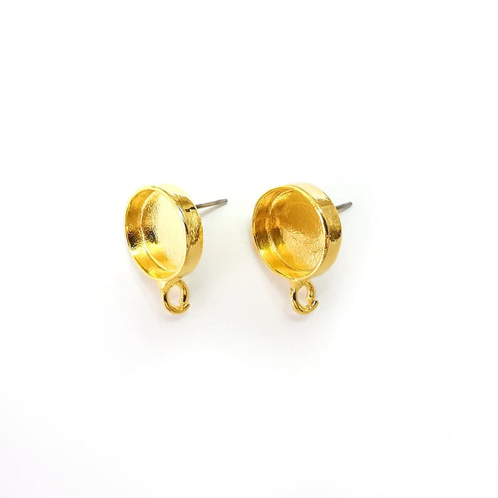 Earring Stud Base Blank with Loop, Earring Post, Ear Setting Resin Bezel, Cabochon Mounting, Shiny Gold Plated Brass (12mm blank) G36116