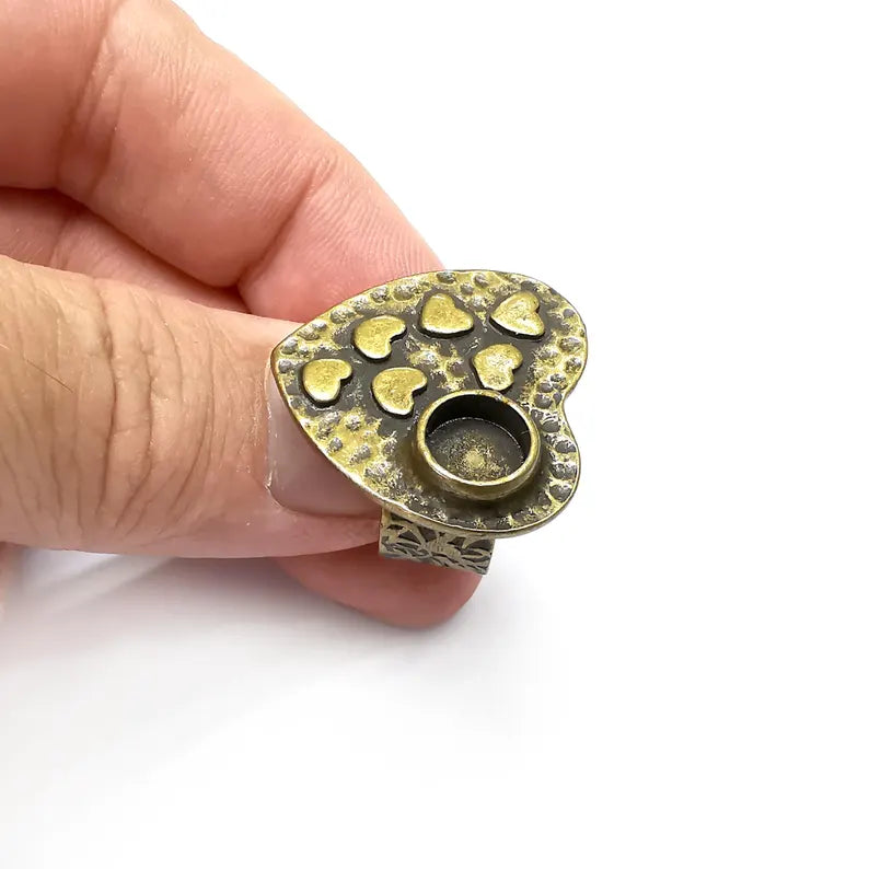 Bronze Heart Ring Setting, Cabochon Blank, Resin Bezel, Round Ring Mounting, Epoxy Frame Base, Adjustable Antique Bronze Plated 8mm G36181