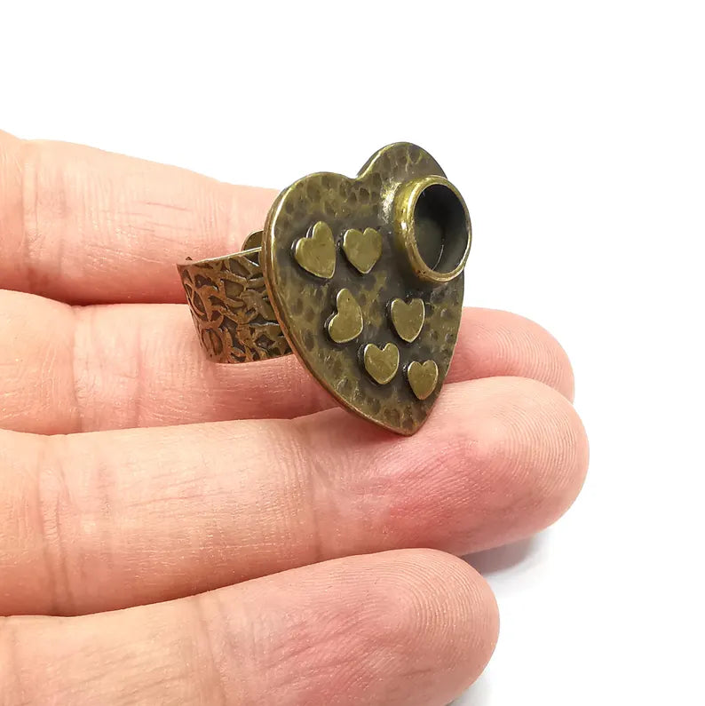 Bronze Heart Ring Setting, Cabochon Blank, Resin Bezel, Round Ring Mounting, Epoxy Frame Base, Adjustable Antique Bronze Plated 8mm G36181