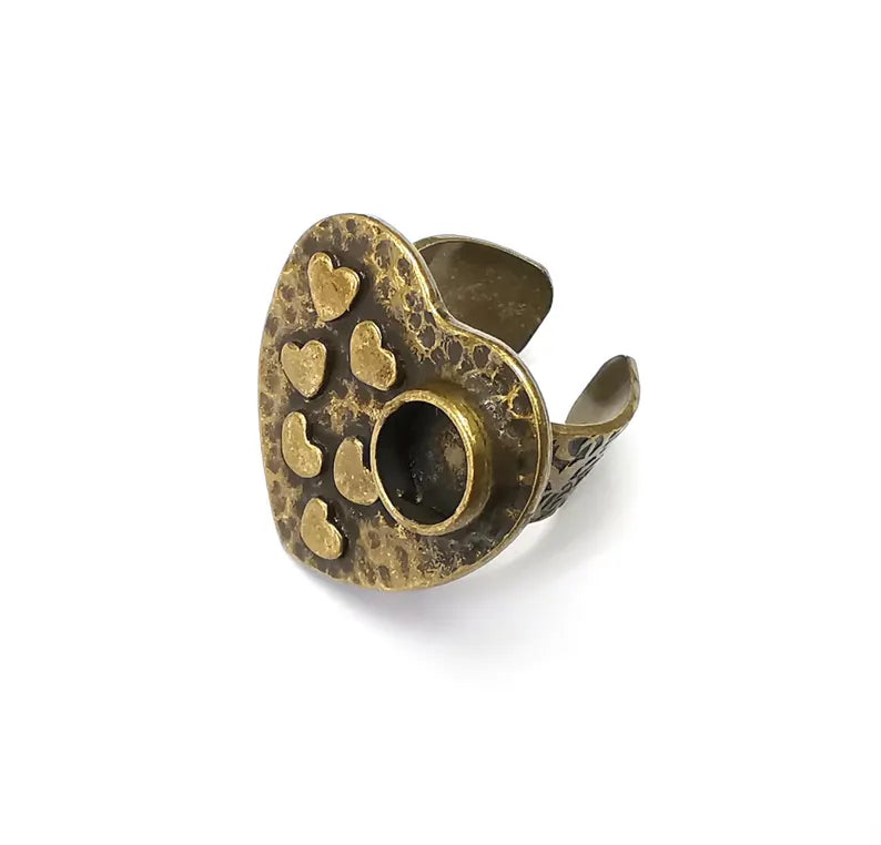 Bronze Heart Ring Setting, Cabochon Blank, Resin Bezel, Round Ring Mounting, Epoxy Frame Base, Adjustable Antique Bronze Plated 8mm G36181