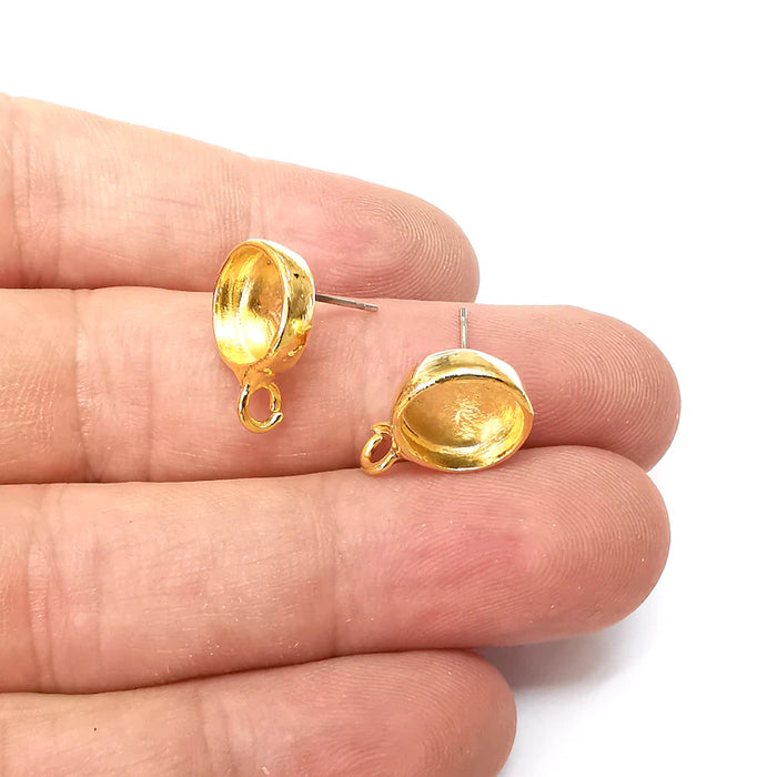 Earring Stud Base Blank with Loop, Earring Post, Ear Setting Resin Bezel, Cabochon Mounting, Shiny Gold Plated Brass (10mm blank) G36123