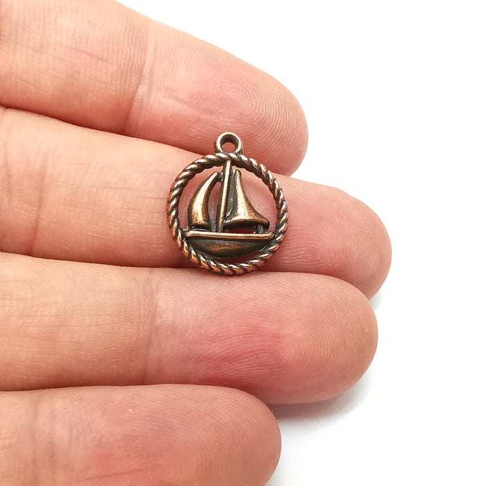 5 Sailing Ship Charms, Small Charms, Earring Charms, Copper Pendant, Necklace Pendant, Antique Copper Plated Metal 19x16mm G36131