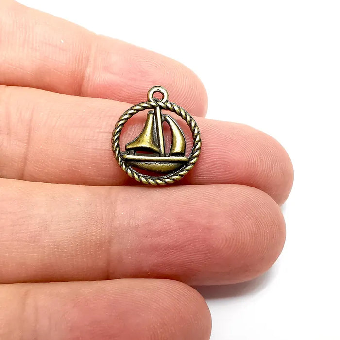 5 Ship Charms, Boho Charms, Dangle Earring Charms, Small Charms , Necklace Parts, Antique Bronze Plated 19x16mm G36193